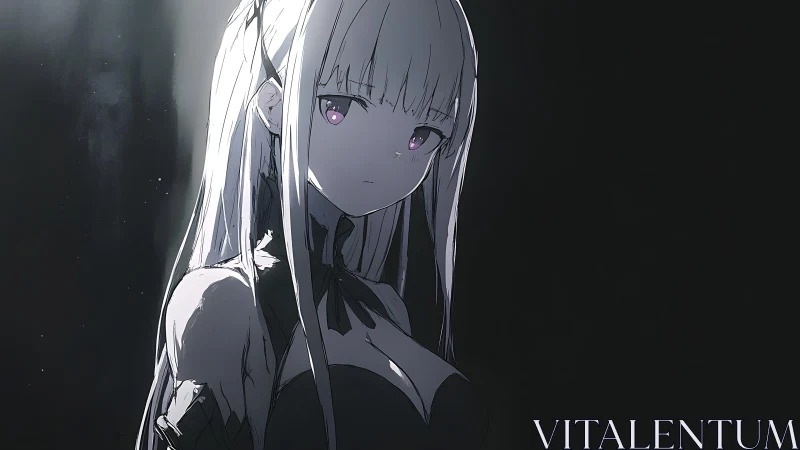 Quiet anime girl stands in moody light with gentle calm