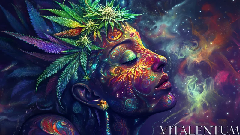 Psychedelic goddess portrait crowned with neon cannabis leaves.