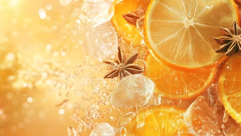 Citrus slices, ice crystals, warm golden backlight glow.