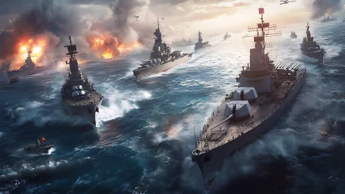 Armored battleship task force under heavy naval bombardment