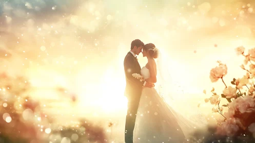 Backlit wedding couple in ethereal golden bokeh haze