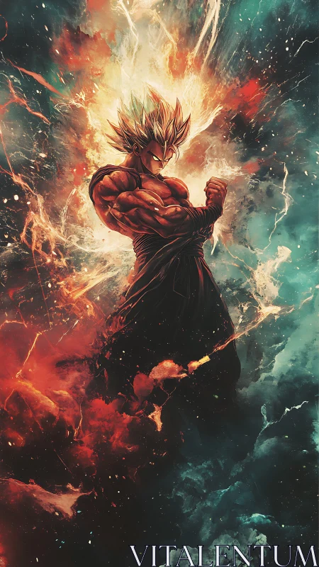 Stormforged warrior ignites within a cosmic firestorm sky.