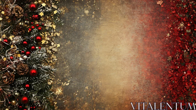 Festive Christmas border with pinecones and red ornaments.