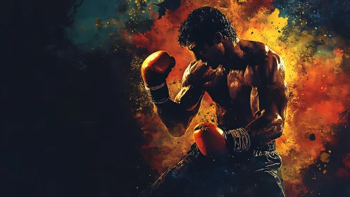 Boxer in Combat Stance Surrounded by Explosive Fire Energy.