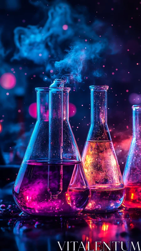 Neon laboratory flasks in glowing vaporous chemistry scene.