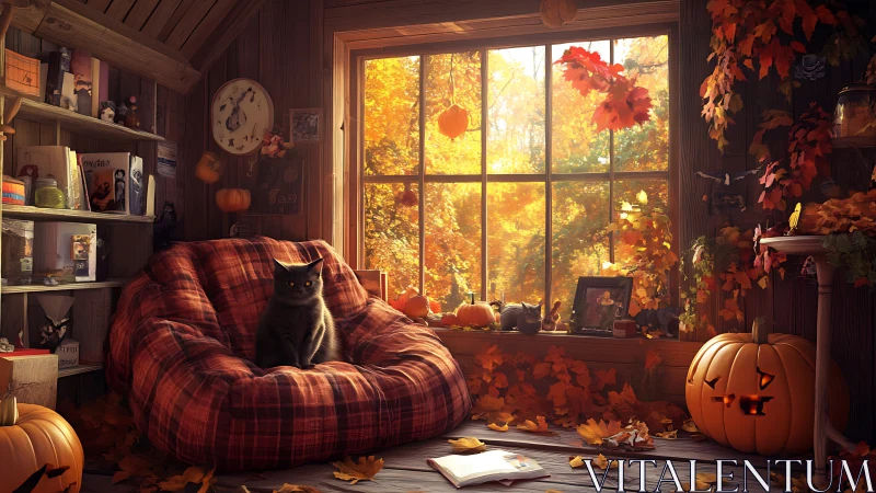 Black cat on plaid beanbag in cozy autumn attic room.