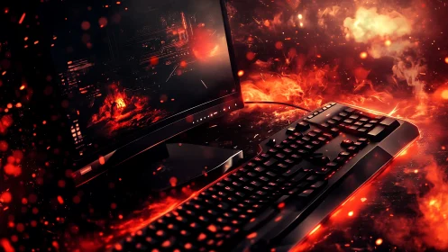 Gaming desktop burns within molten red digital inferno scene