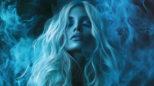 Ethereal blue portrait amid swirling digital smoke.