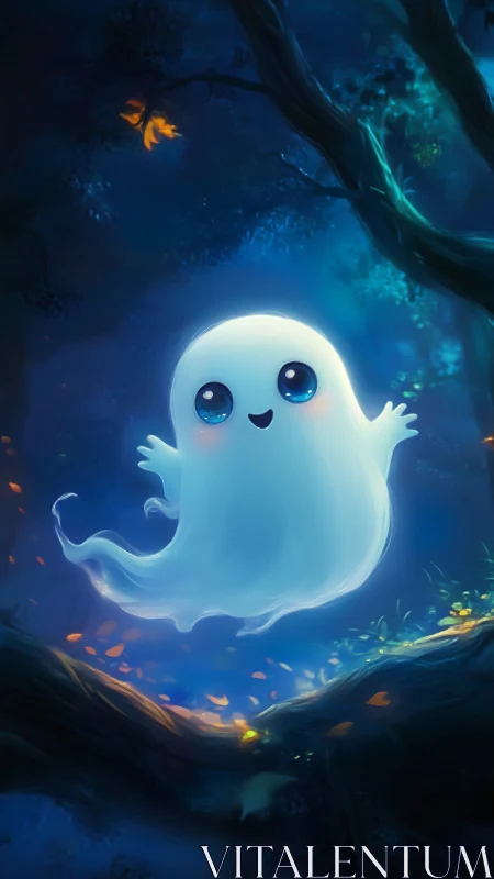 Gentle glowing ghost floats happily in a moonlit forest
