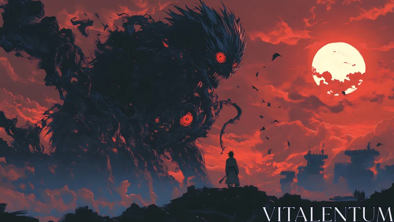 Samurai confronts colossal shadow demon under blood moon.