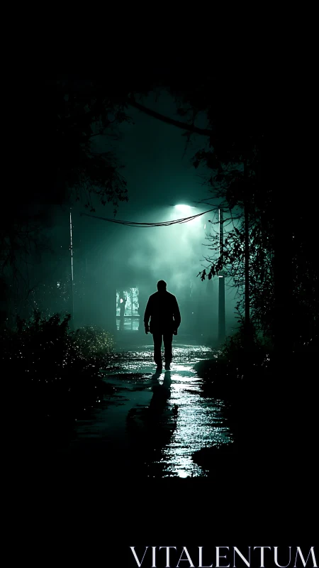 Nocturnal silhouette under volumetric streetlight haze.