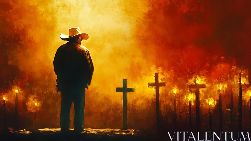 Lone cowboy in fiery twilight honoring quiet wooden crosses.