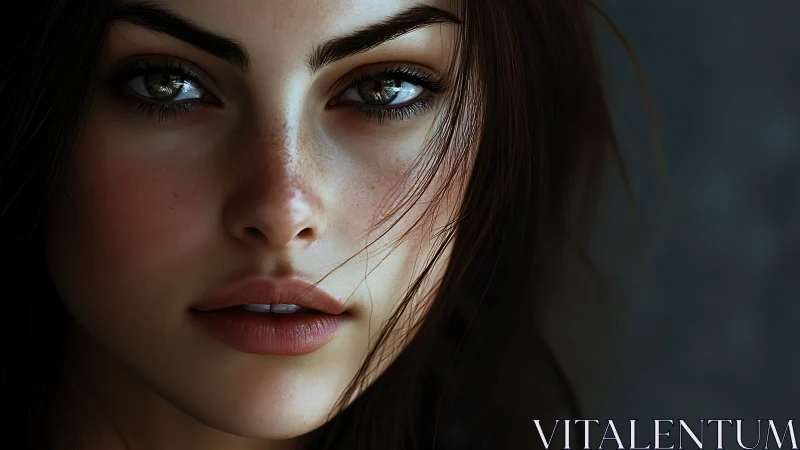 Photoreal digital portrait of freckled woman, shallow focus.