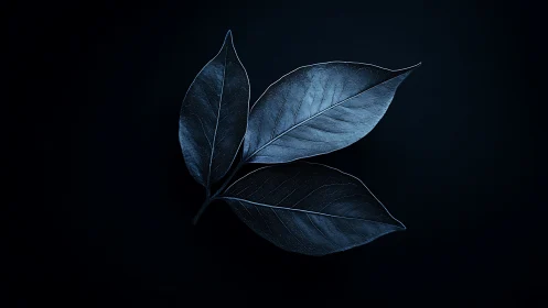 Two illuminated blue leaves rest in dramatic dark space