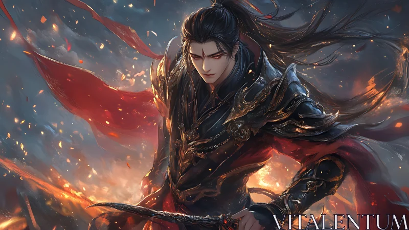 Fiery swordsman in dark armor swirling through embers.