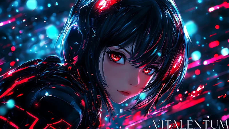 Cyberpunk anime girl with glowing red eyes and armor.