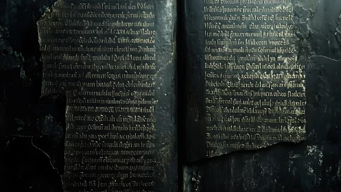 Gothic script etched on weathered metallic panels