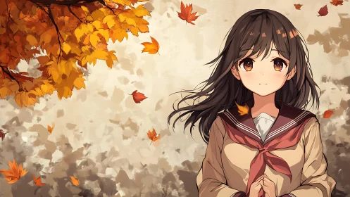 Autumn anime schoolgirl under swirling golden leaves.