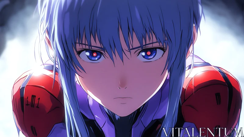 Intense anime pilot stares ahead in glowing battle light