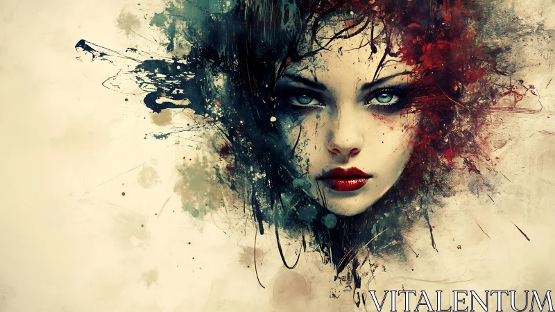 Surreal woman&rsquo;s portrait dissolving in abstract ink clouds.