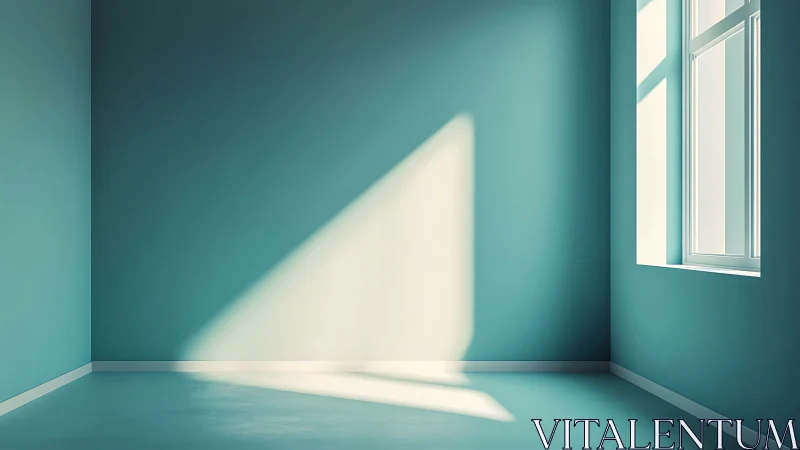 Sunlit teal interior corner with sharp angular window light projection