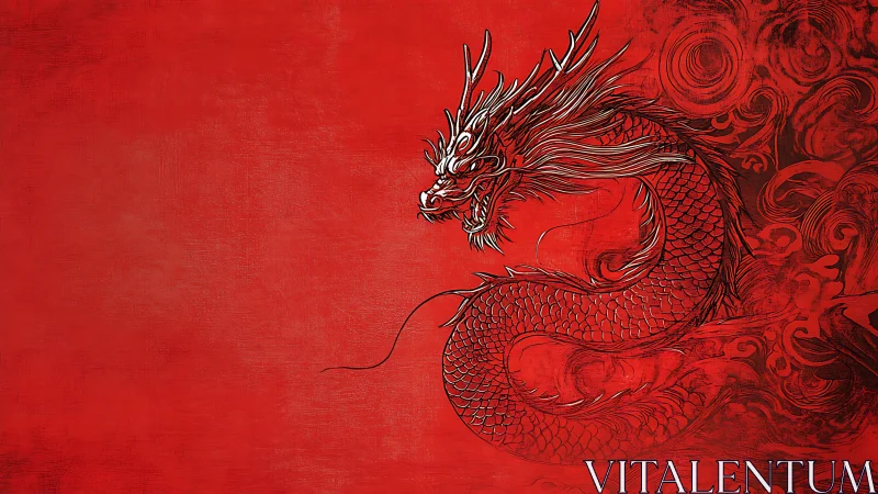 Ink-line red dragon on textured minimal background layout.
