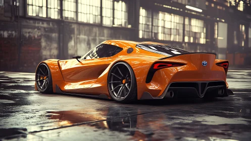 Low-slung orange supercar poised in glossy warehouse light.