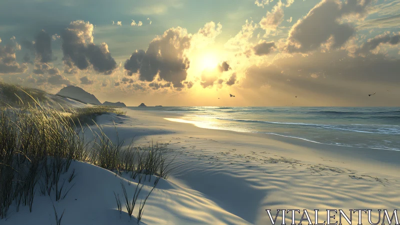 Golden sunset light washes over a tranquil windswept beach