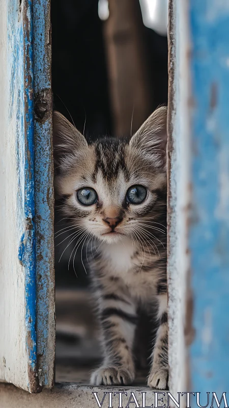 Young Tabby Kitten with Blue Eyes Peering Through Weathered Doorway