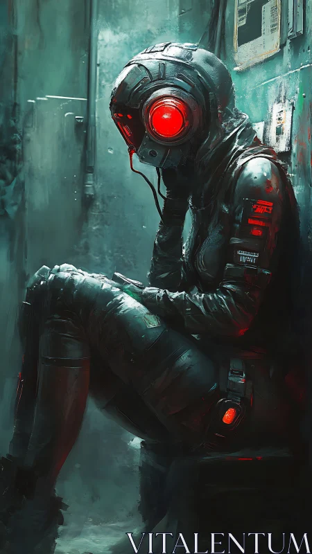 Cybernetic sentinel at rest in dim industrial corridor.