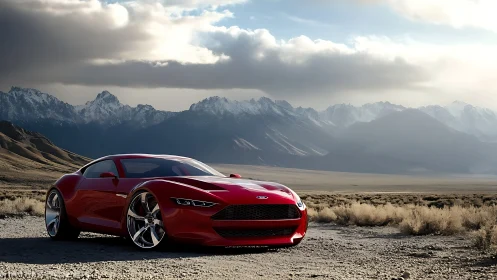 Photorealistic red sports coupe on arid mountain plain at dusk.