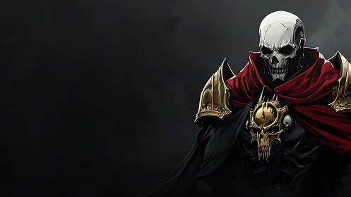 Skull crowned warlord broods beneath a bloodred mantle.
