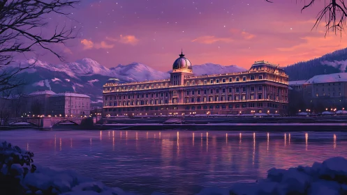 Grand riverside palace glowing at violet winter twilight.