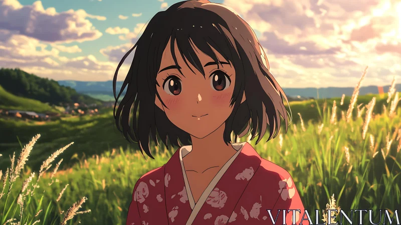 Anime girl in red yukata standing in bright summer field.