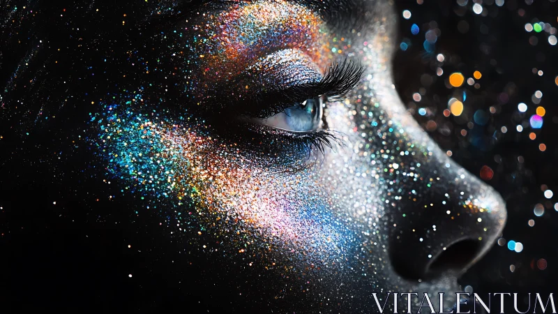 Glitter drenched portrait glowing like a tiny private galaxy.