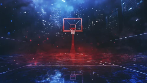 Neon city basketball court under dramatic night skyline.