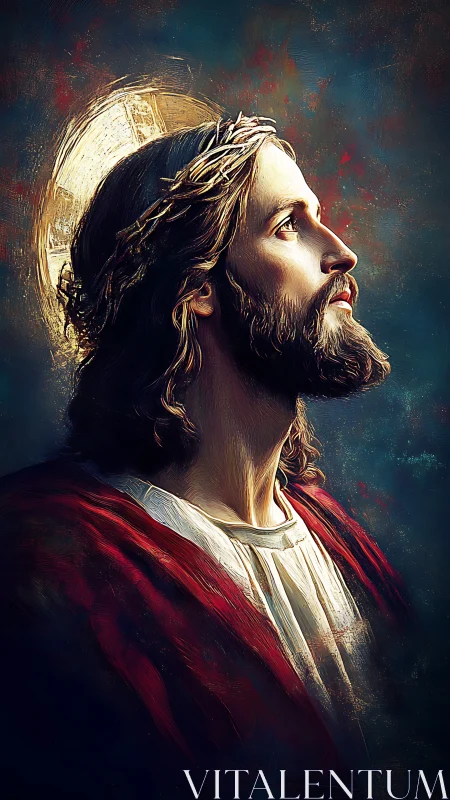 Sacred profile portrait with luminous halo and rich impasto color.