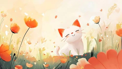 White Cat Among Red Poppies in Meadow Field