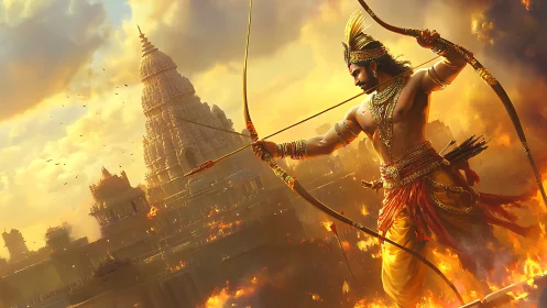 Heroic archer unleashes flaming arrow over burning temple city.