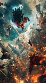 Epic anime warriors clash above a burning futuristic cityscape
