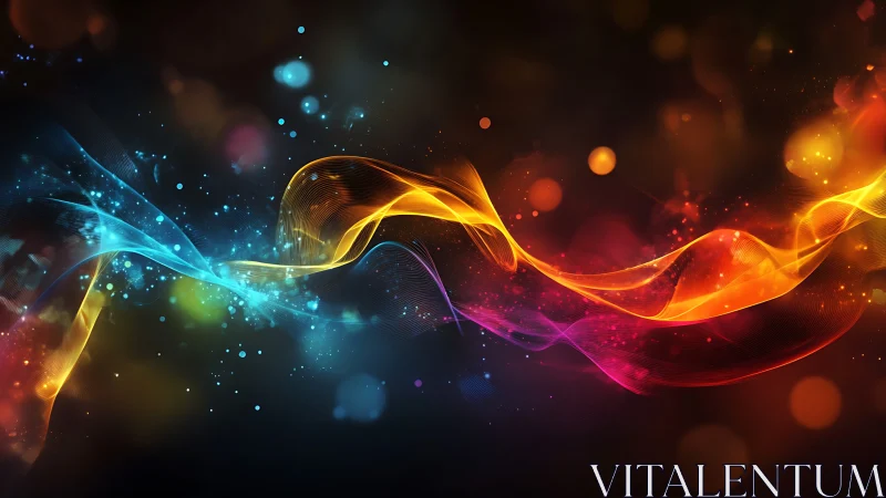 Digital painting of multicolor light ribbons with bokeh dynamics.