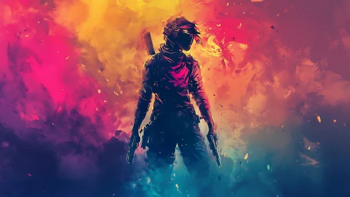 Armored figure stands amid high-contrast diffuse color field