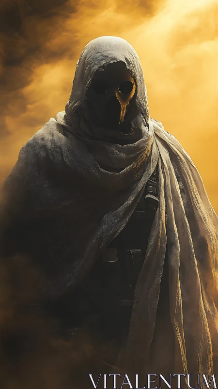 Hooded plague doctor stands in swirling golden fog ominously.
