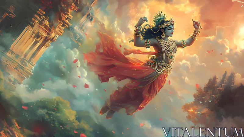 Celestial dancer drifting through rose-lit temple skies.