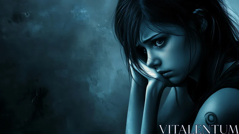 Brooding girl in teal shadows with intense reflective gaze.