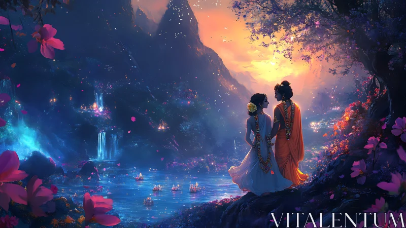 Divine couple gaze over glowing river beneath twilight sky.