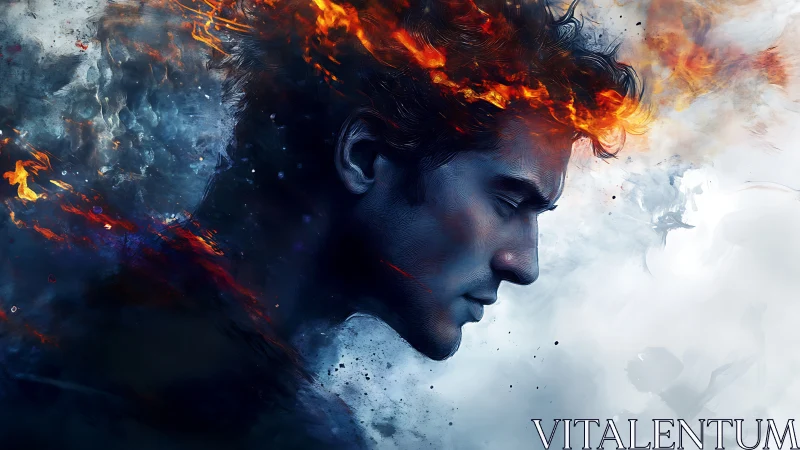Male profile rendered in fire and ice dual element contrast