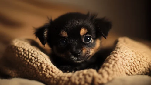 Tiny black puppy framed by warm textured blanket folds.