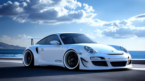 White Porsche race car rests beside ocean under clear sky