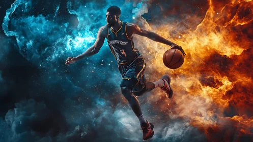 Dynamic basketball player drives through fire and ice energy